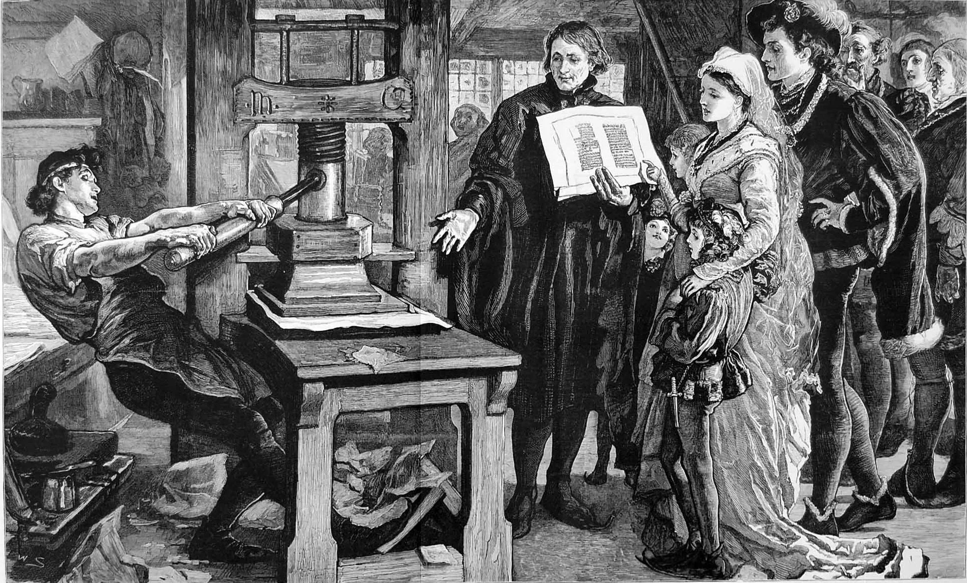 The Caxton Celebration - William Caxton showing specimens of his printing to King Edward IV and his Queen